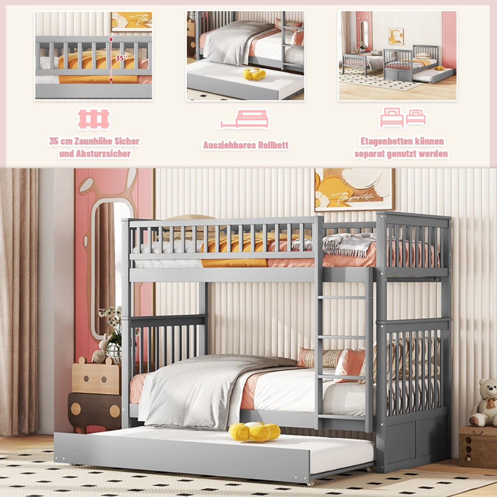 Letto a castello con letto estraibile pino grigio 90x200 cm