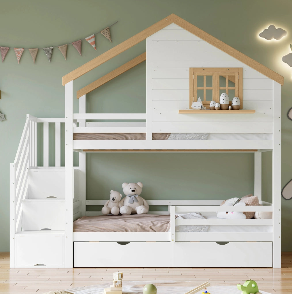 Letto a castello in legno 90x200 cm con scale contenitive e cassetti