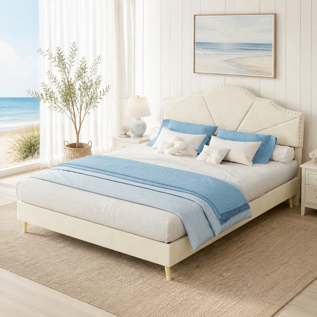 Letto matrimoniale imbottito con testiera geometrica 140x200 cm; tessuto beige