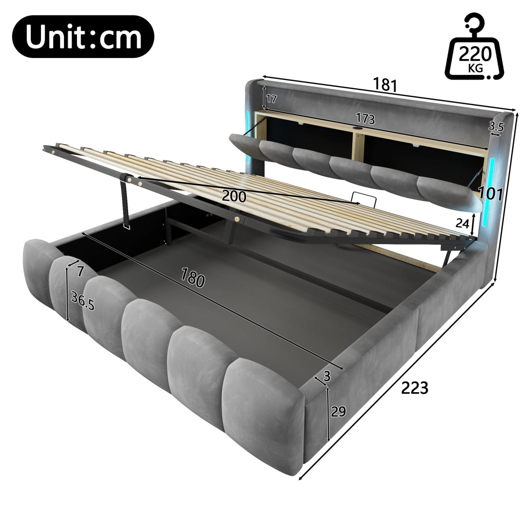 Letto imbottito 180x200 LED testiera stivaggio idraulico USB/Type-C velluto
