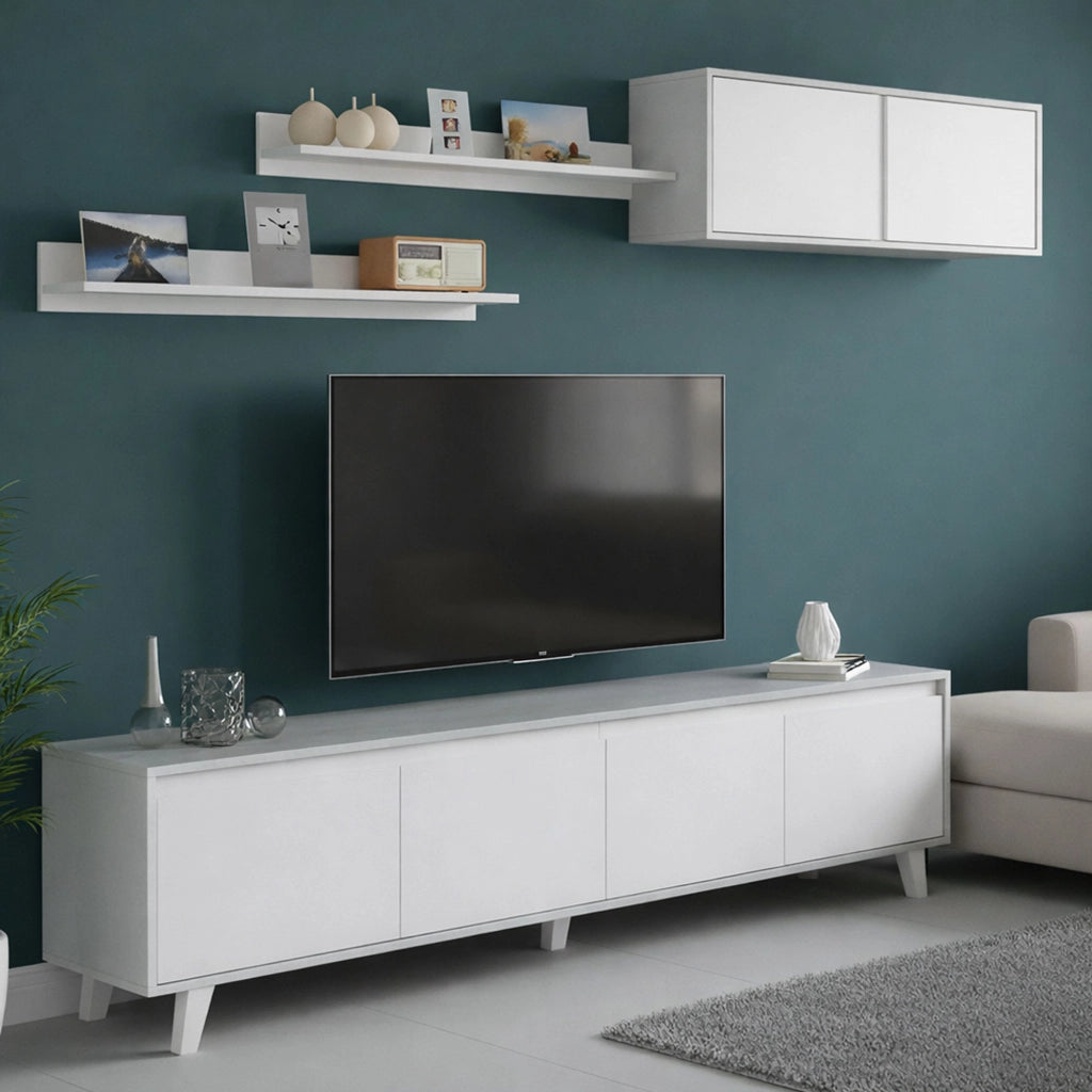 Parete attrezzata Kaya, Set da soggiorno, Mobile salotto multiuso, Parete attrezzata moderna, 200x41h50 cm, Cemento e Bianco lucido