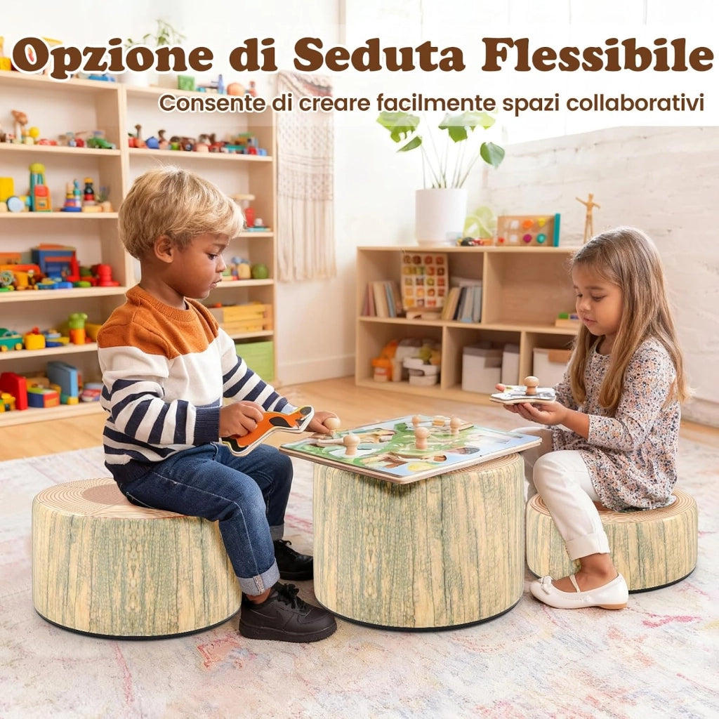 Set di 3 Sgabelli a Ceppo d'Albero, Cuscini da Pavimento per Bambini con Stampa Legno, Decorazione Naturale e Altezze Diverse, Sgabelli Rotondi per Aula, Casa e Asilo (Naturale)