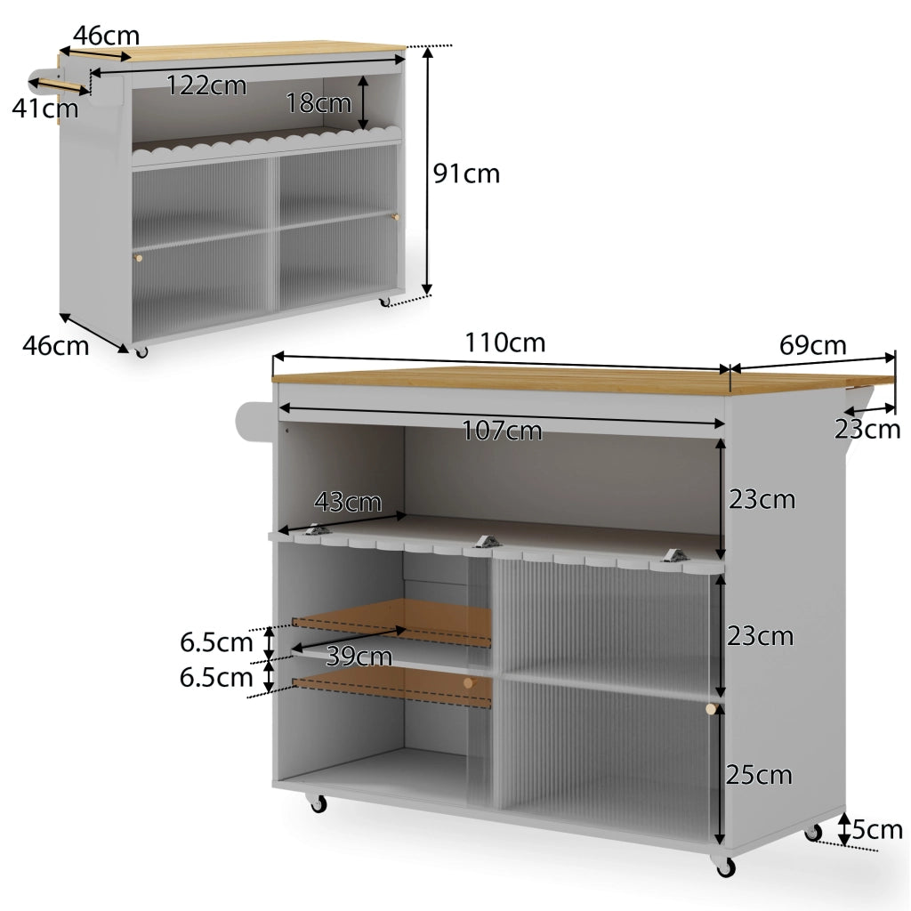 Isola Cucina Mobile 122x46/69x91 cm Grigia con Piano Ribaltabile, Ante in Vetro e 5 Ruote