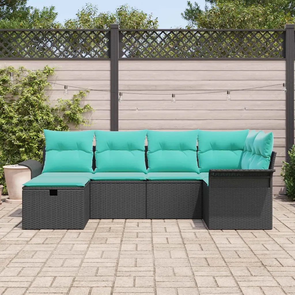 Set Divano da Giardino 6 pcs Nero e Turchese polyrattan