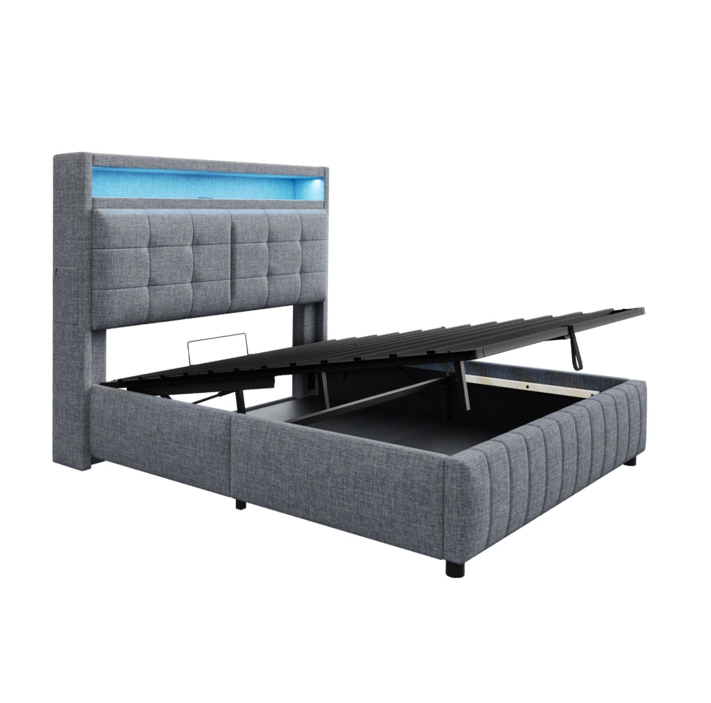 Letto imbottito 160x200 cm con LED, USB e contenitore idraulico