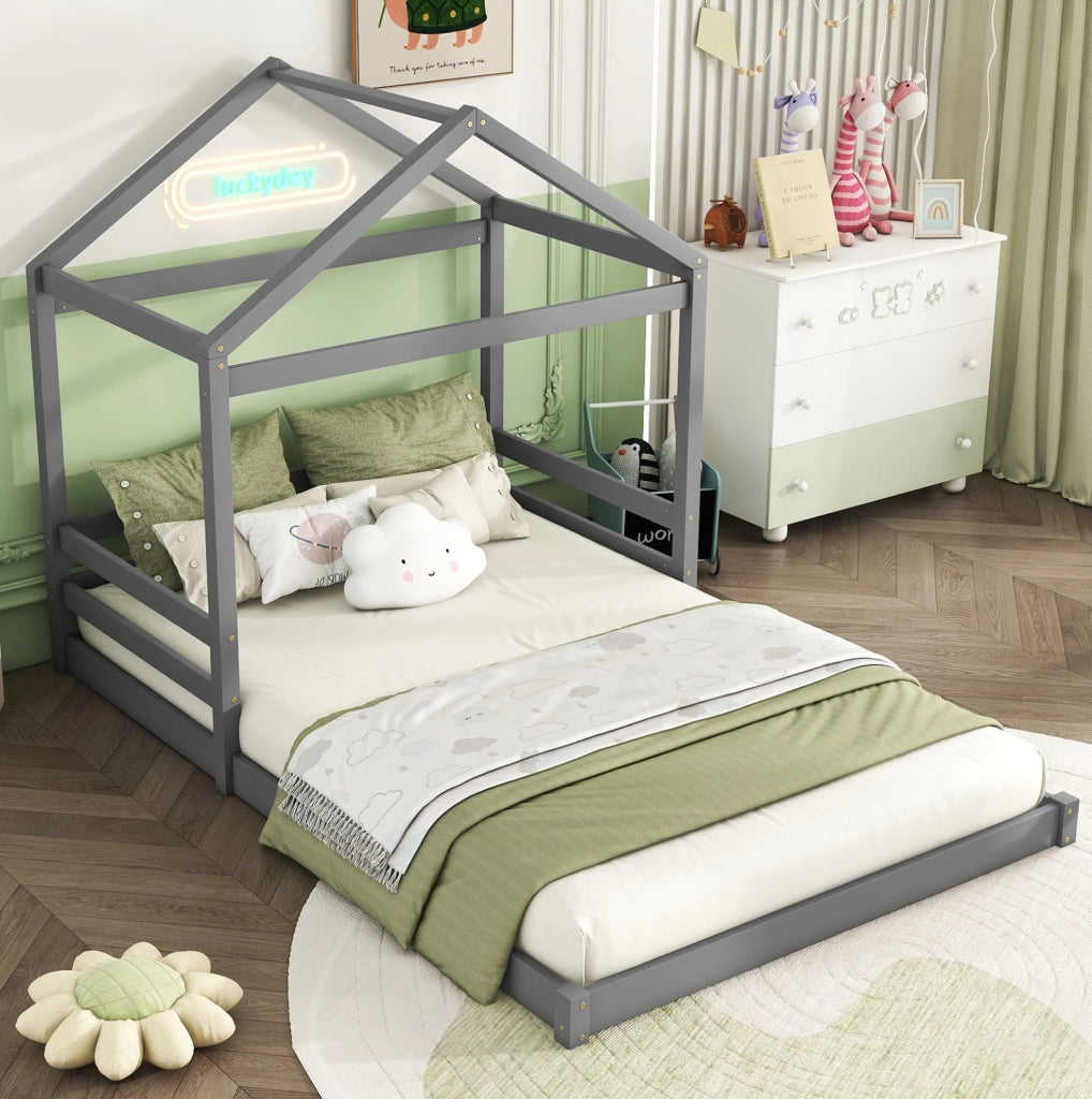 Letto a casetta 140x200 cm in legno di pino e MDF; grigio