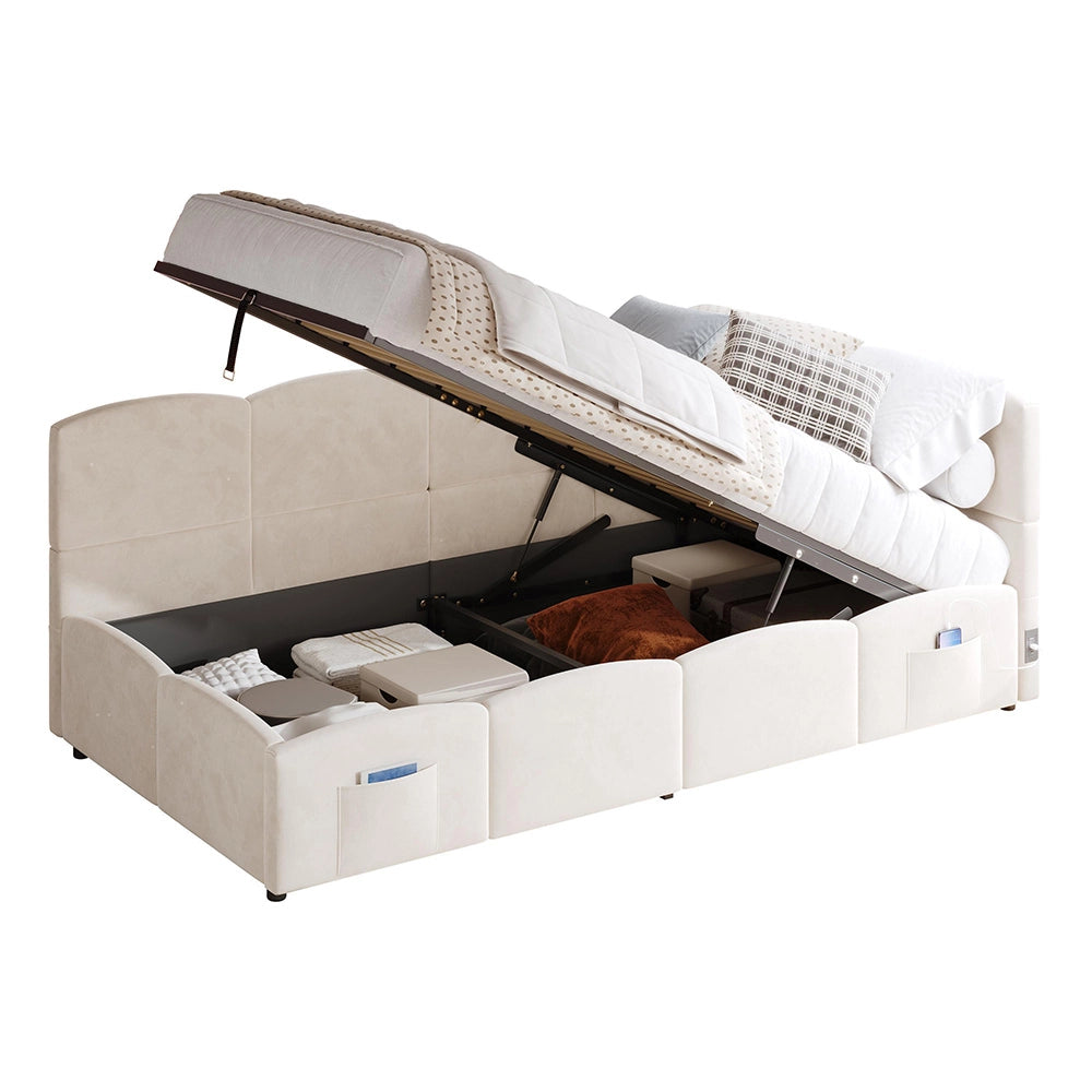 Letto Singolo Divano 90x200cm - Xylo - con Rete, Tessuto Boucl?? e USB, Beige