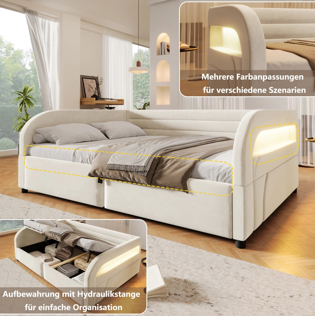 Letto imbottito 140x200 cm con contenitore idraulico e LED