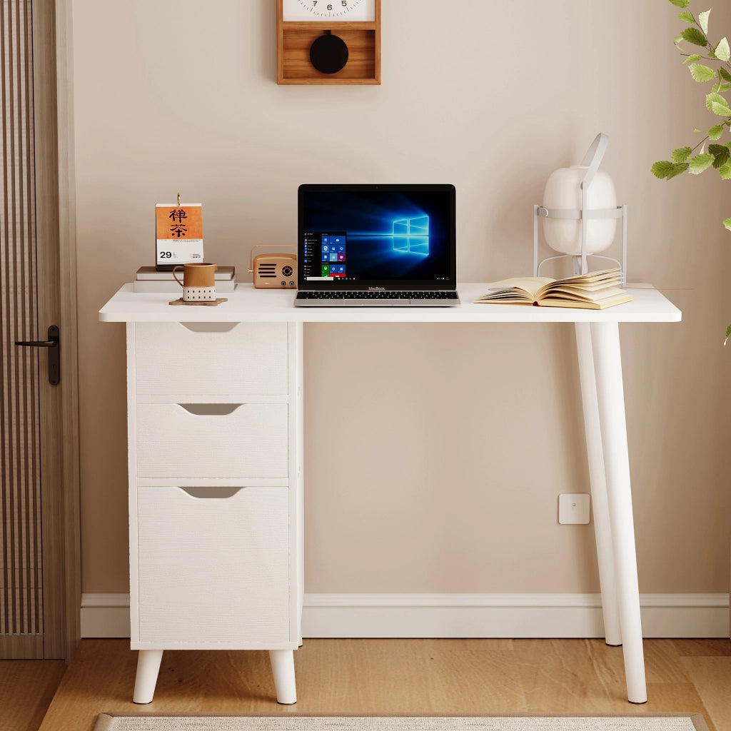 Scrivania bianca da scuola con cassetti, tavolino in stile loft scandinavo