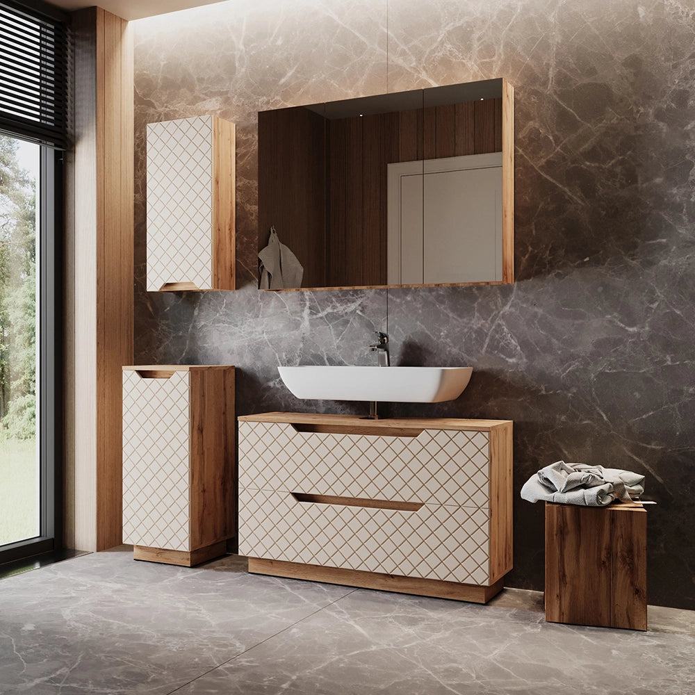 Vicco Set di mobili da bagno Rovere/cashmere con struttura in piastrelle 4 parti