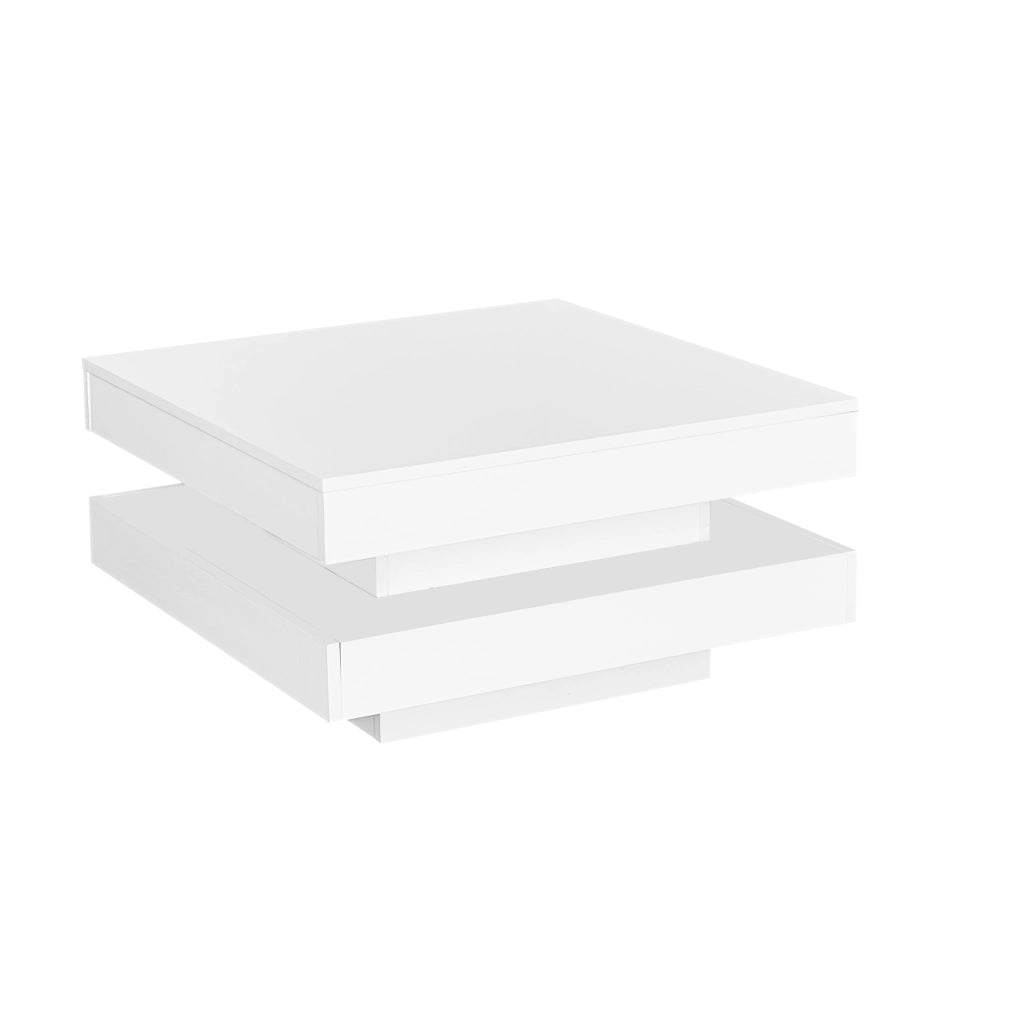 TAVOLINO da caffè quadrato 70x70x36 cm bianco lucido con LED e piano girevole