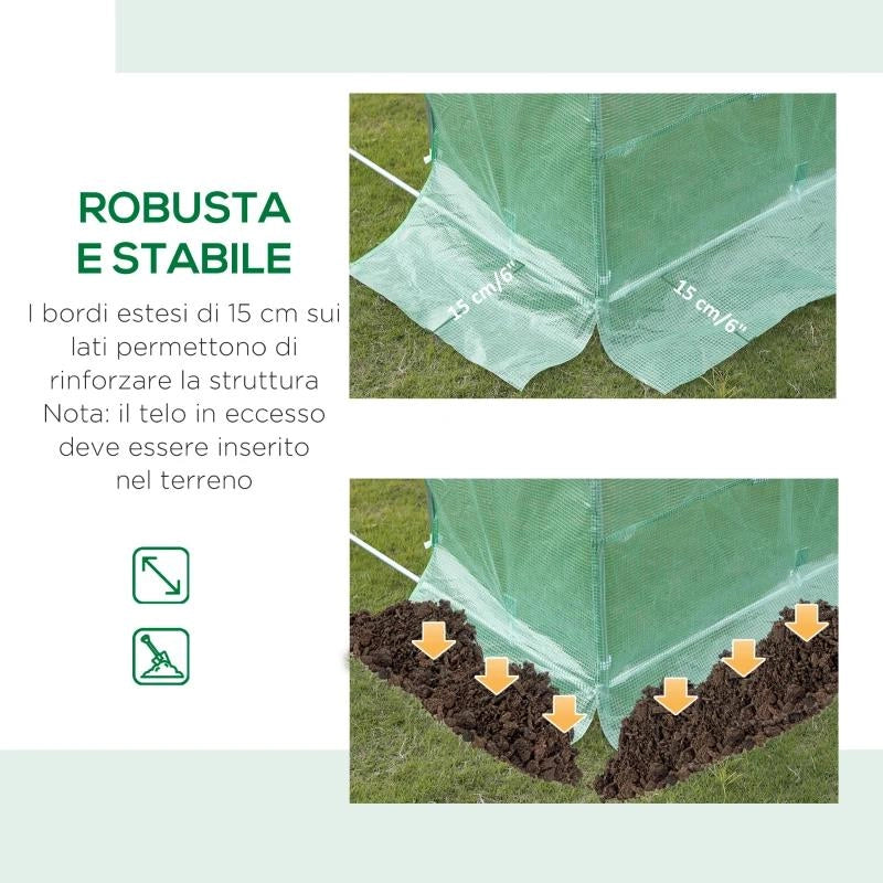 TELO PER SERRA IN PE CON 12 FINESTRE, PORTA AVVOLGIBILE E BORDI INTERRATI, 6X3X2 M, VERDE