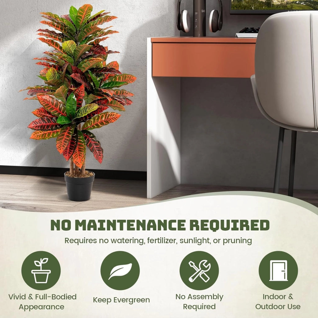 Pianta artificiale di Crotone, albero di imitazione con foglie lussureggianti colorate e vaso pieno di cemento, albero falso tropicale con tronco naturale, per decorazione casa, ufficio, hotel