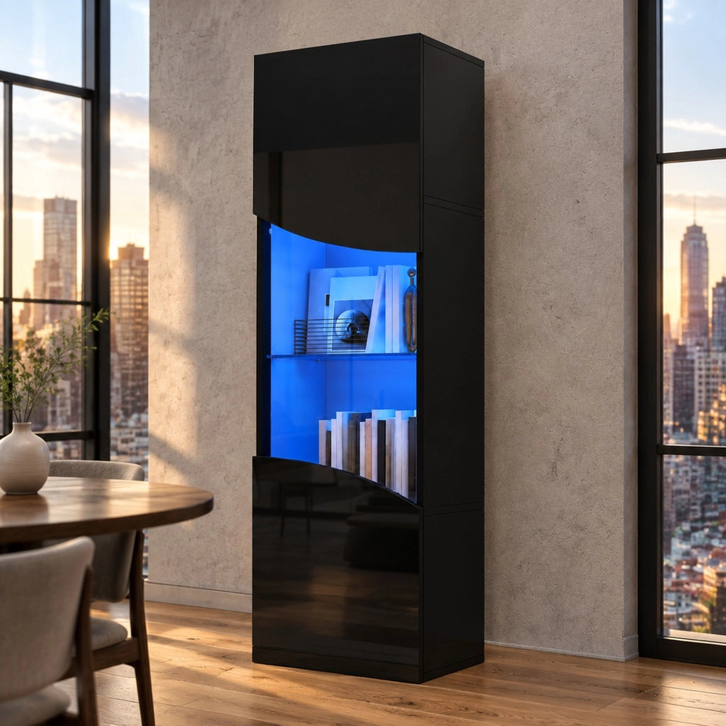 Vetrina ULEVR 35x50x165 cm con 4 ripiani, LED USB e vetro temperato, nero lucido