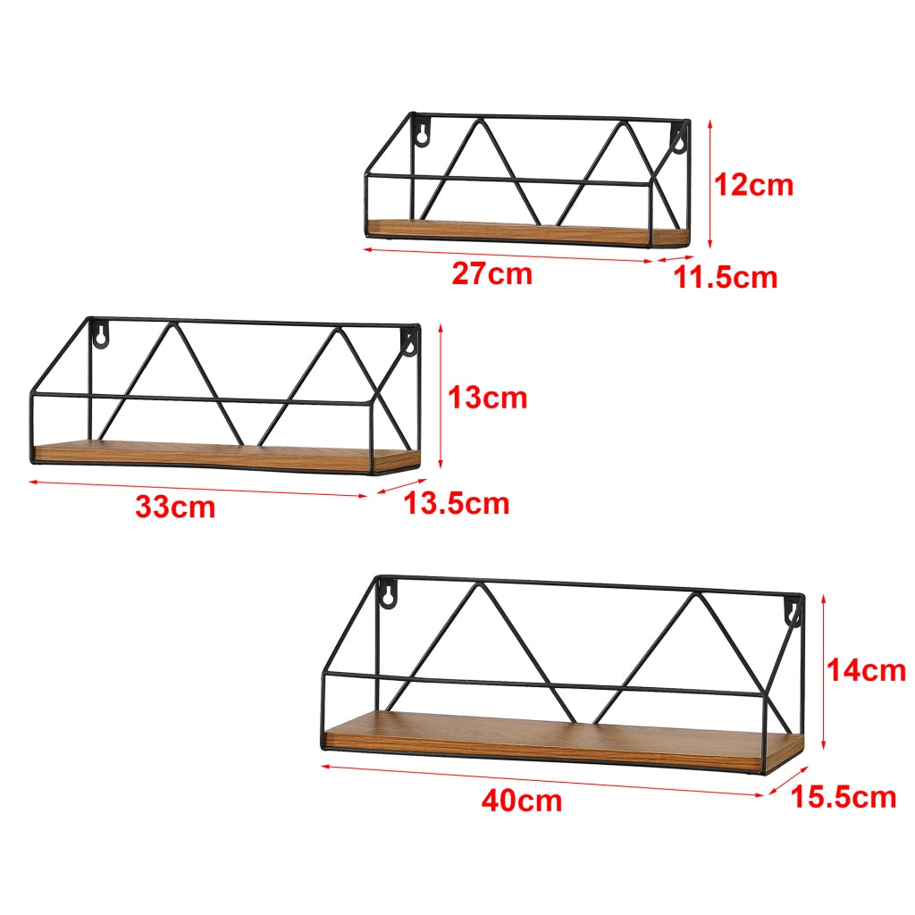 Set di 3 Mensole da Muro / Parete in Misure Diverse, 3 Consolle Pensili con Telaio Nero in Ferro, Mensole Portaoggetti / Libreria - Piano in Effetto Legno Scuro