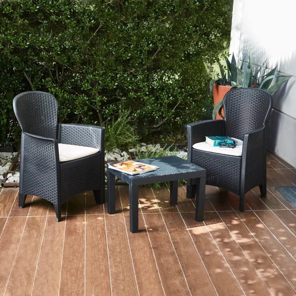 Trade Shop - Set Salotto Con Tavolino 2 Poltrone Antracite Effetto Rattan Con Cuscini Giardino 591042 -
