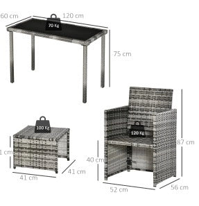 Set da pranzo da giardino in Polyrattan per 4 persone con cuscini, grigio, resistente alle intemperie