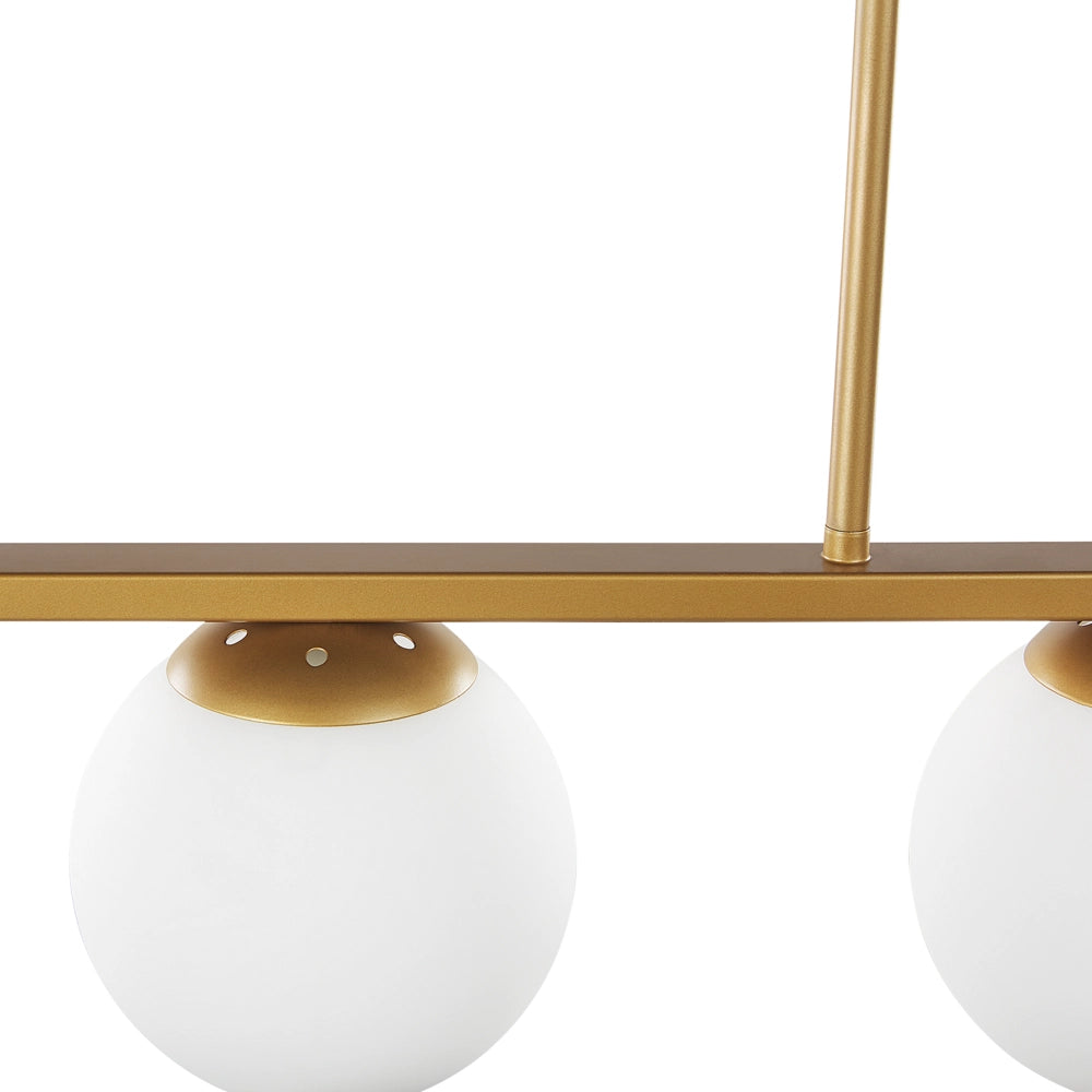 Lampada a Sospensione Metallo dorato 62 cm 5 Luci Binario Sferico Paralumi Vetro Bianco Glamour Design Cucina Sala da Pranzo