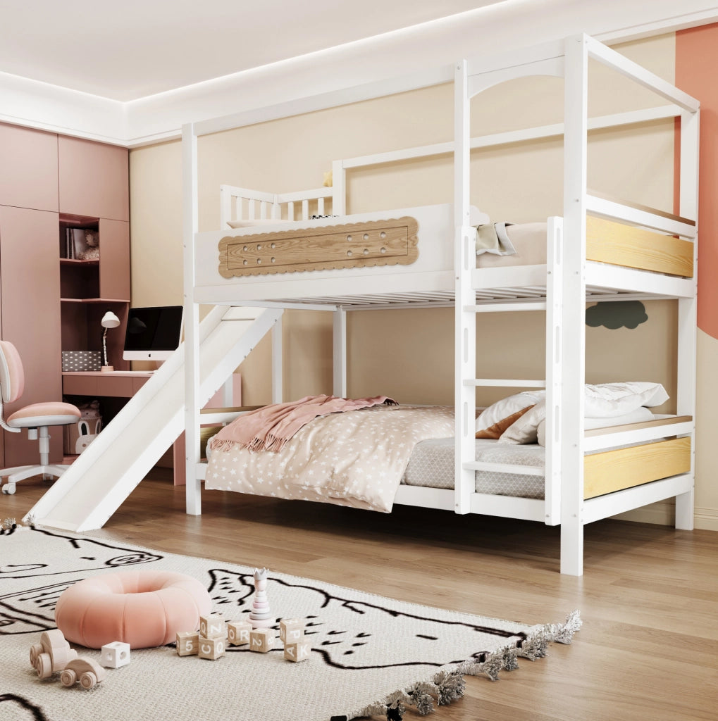 Letto a castello per bambini 90x200 cm in legno con scivolo e scala larga