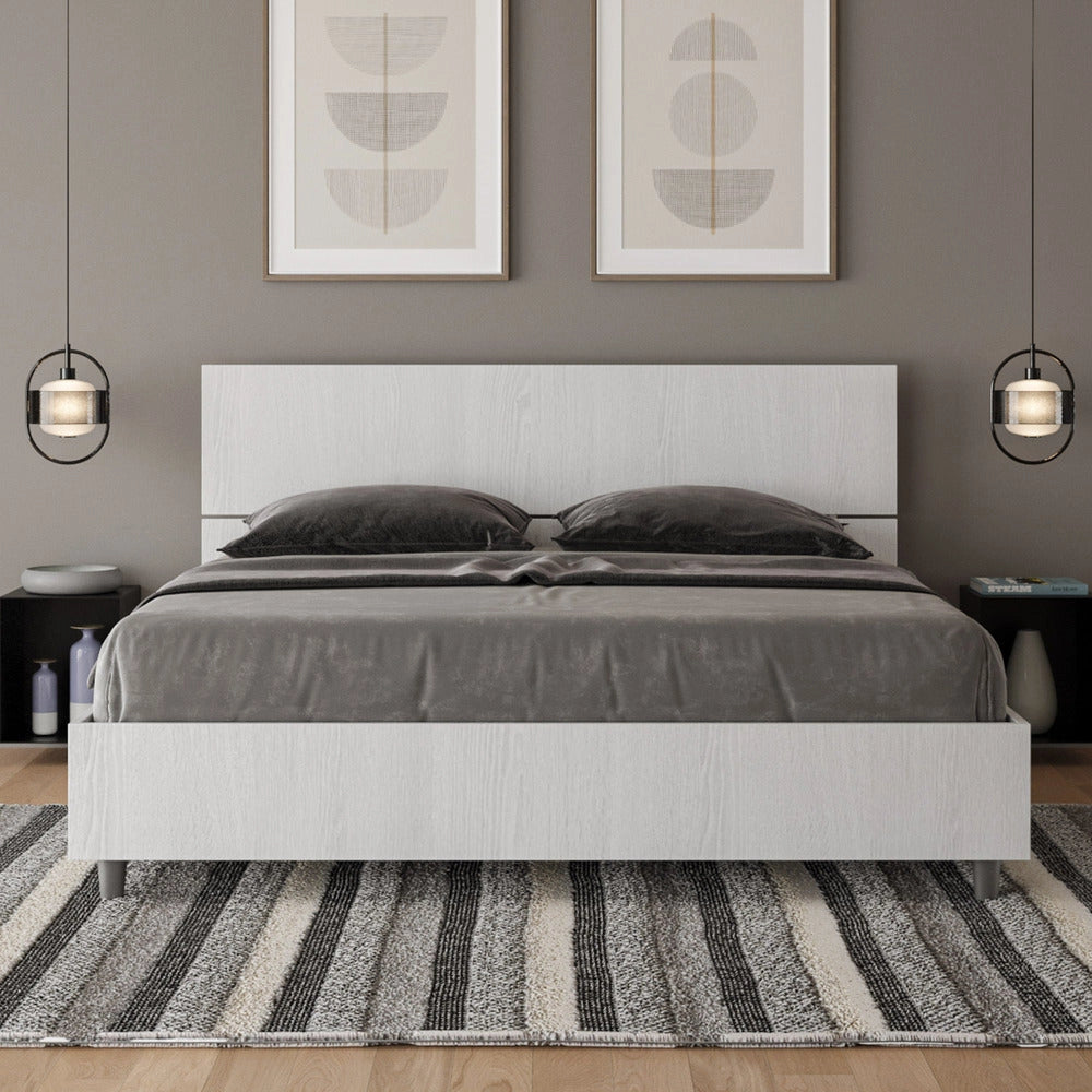 Letto Matrimoniale 160x190 cm con Rete e Contenitore Testata Dritta Demas Frassino Bianco