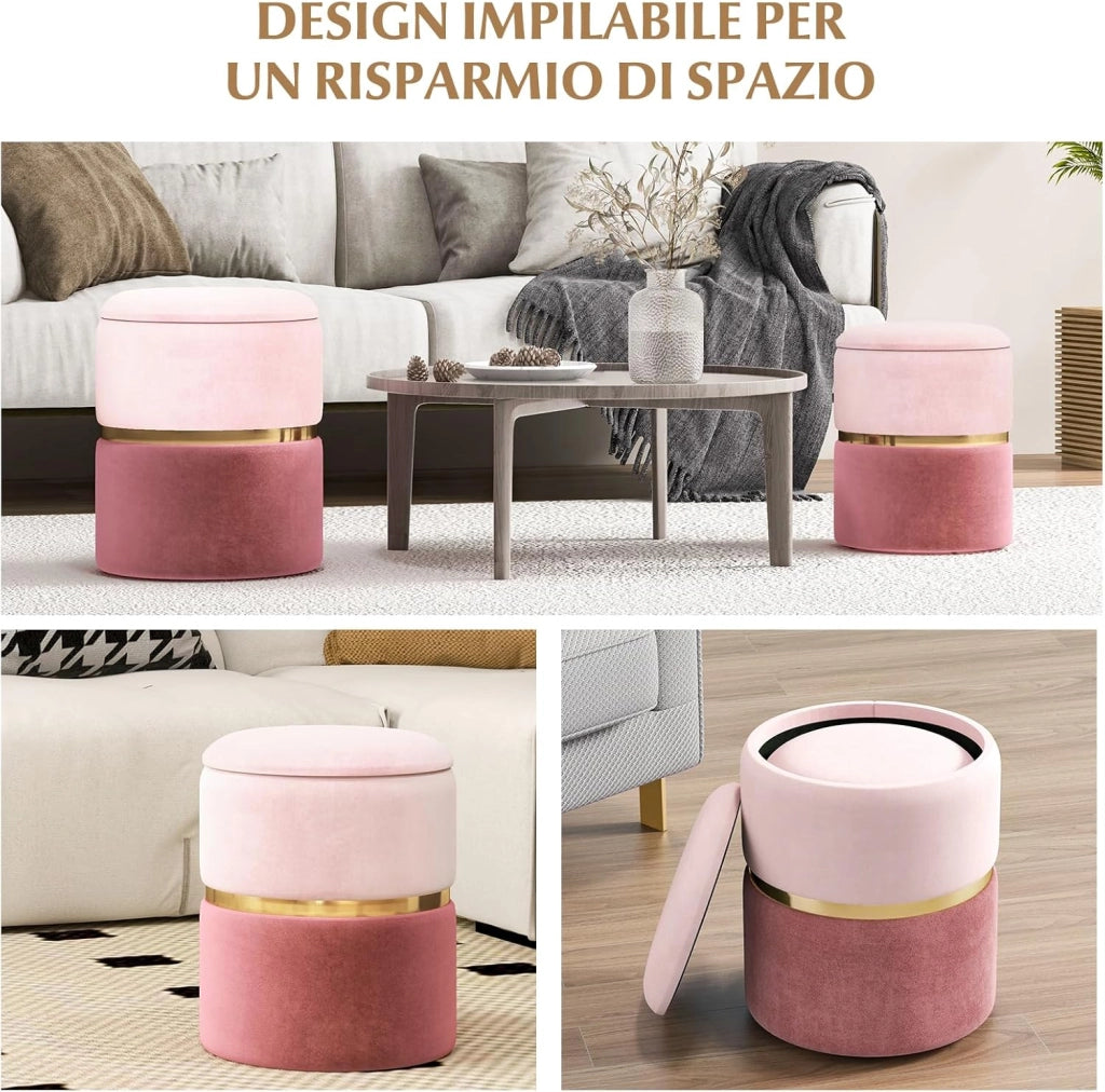 Set di 2 Pouf Contenitore in Velluto, Pouf Rotondi Imbottiti da 32L +21L, Sgabelli con Contenitore per Soggiorno, Camera da Letto, Portata 150 kg (Rosa)