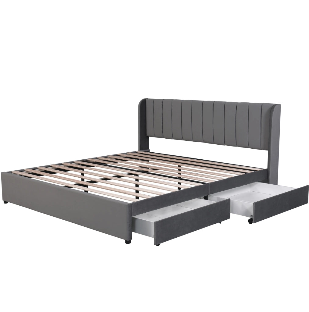Letto matrimoniale 180x200 cm in velluto grigio con testiera e 2 cassetti; con rete a doghe