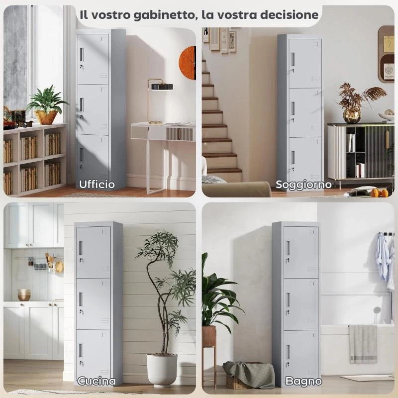 ARMADIO PER UFFICIO IN ACCIAIO A 3 PORTE INDIPENDENTI CON SERRATURA E 2 CHIAVI, 45X38X180 CM, GRIGIO CHIARO