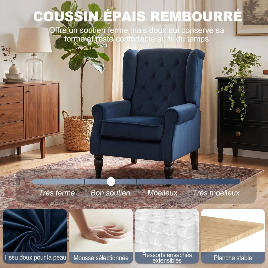 Poltrona capitonn¨¦ con schienale alto e braccioli ¨C Xylo ¨C tessuto blu scuro 74x86x102cm
