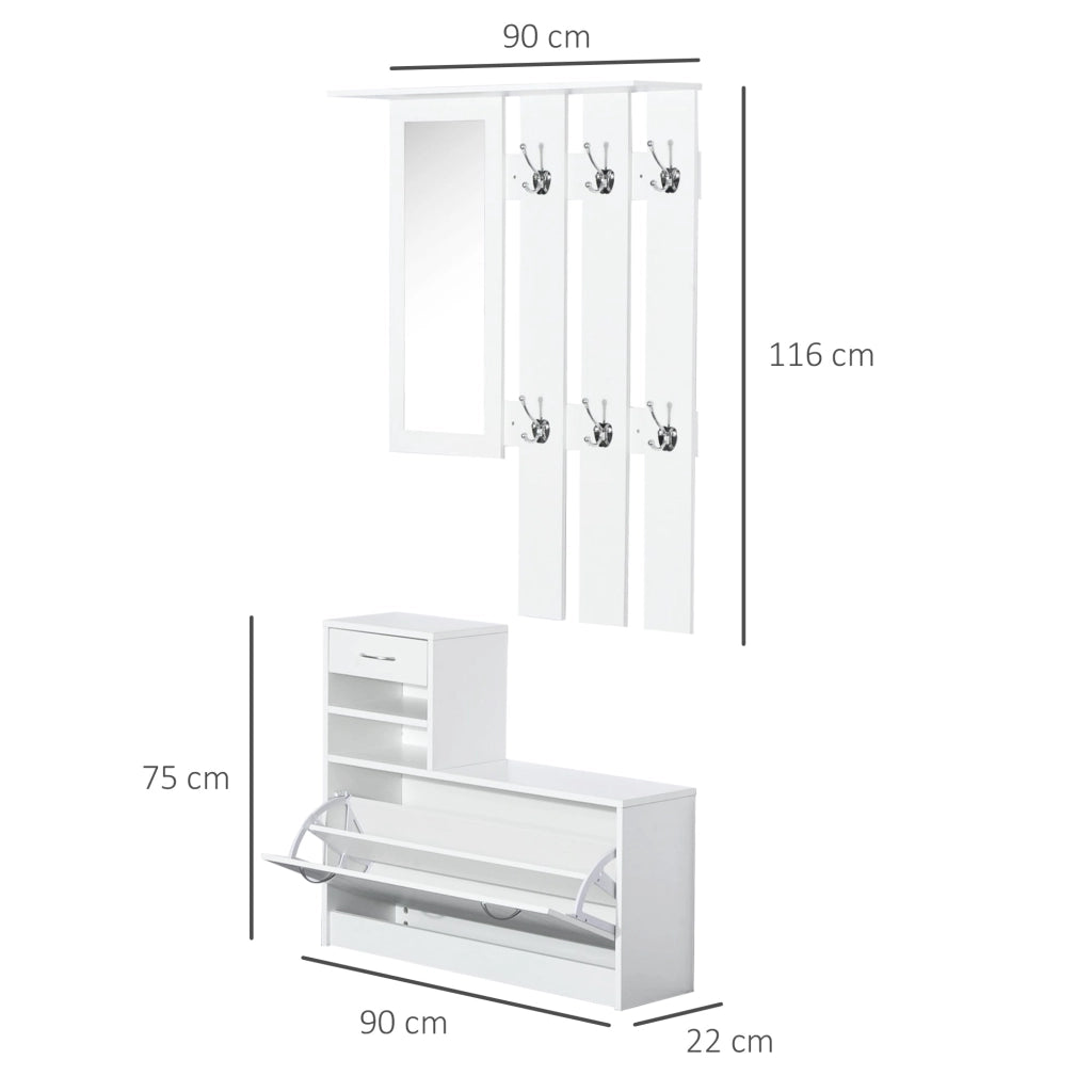 Mobile d'Ingresso Moderno Guardaroba Set Appendiabiti Specchio e Scarpiera 3 in 1 in Legno Bianco
