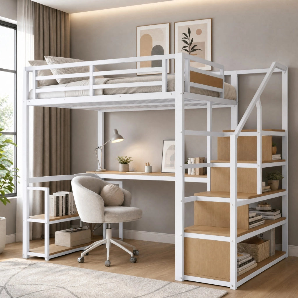 LETTO a soppalco 140x200 cm in metallo bianco con scrivania e ripiani