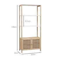 Mobile Bagno in Bambù con 3 Ripiani e Armadietto Inferiore, 63x30x138 cm, Color Legno e Bianco