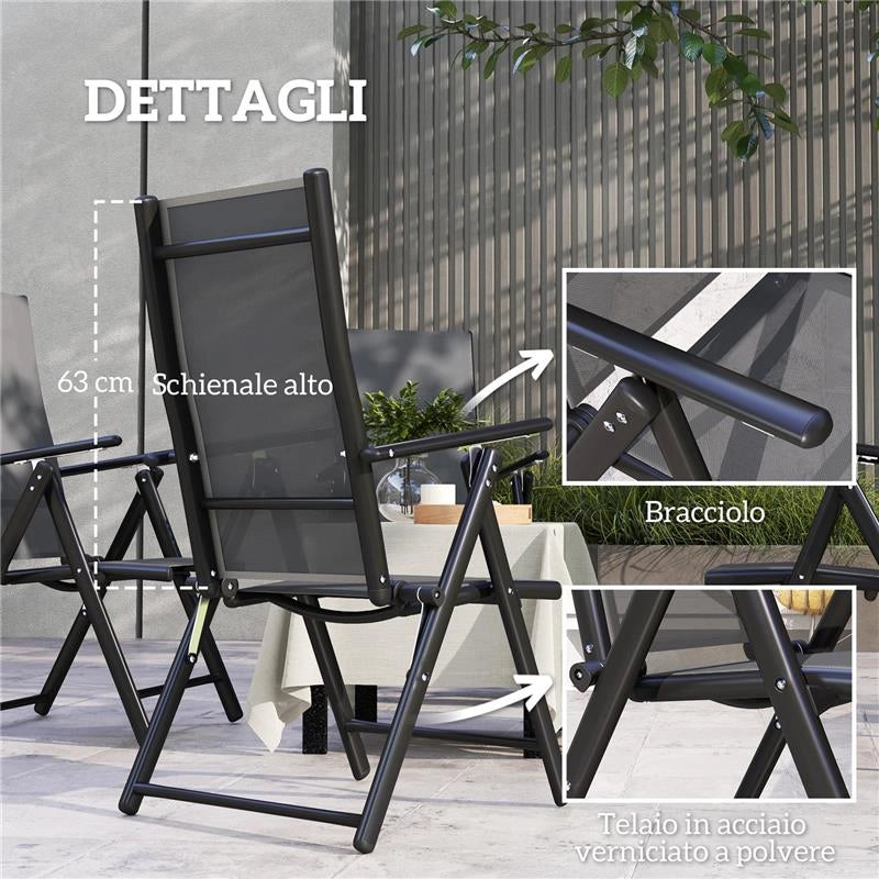 SET 4 SEDIE DA GIARDINO PIEGHEVOLI E TRASPIRANTI CON BRACCIOLI IN ACCIAIO E POLIESTERE 56X69X106 CM GRIGIO
