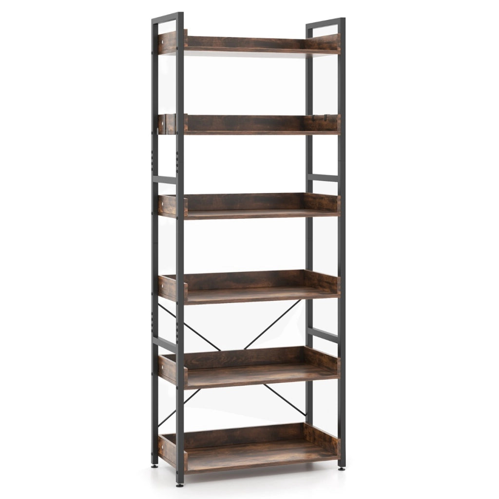 Scaffale a 6 ripiani alta 177cm con ripiani aperti 4 ganci telaio in metallo, Libreria industriale d'angolo Marrone-Librerie