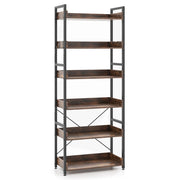 Scaffale a 6 ripiani alta 177cm con ripiani aperti 4 ganci telaio in metallo, Libreria industriale d'angolo Marrone-Librerie