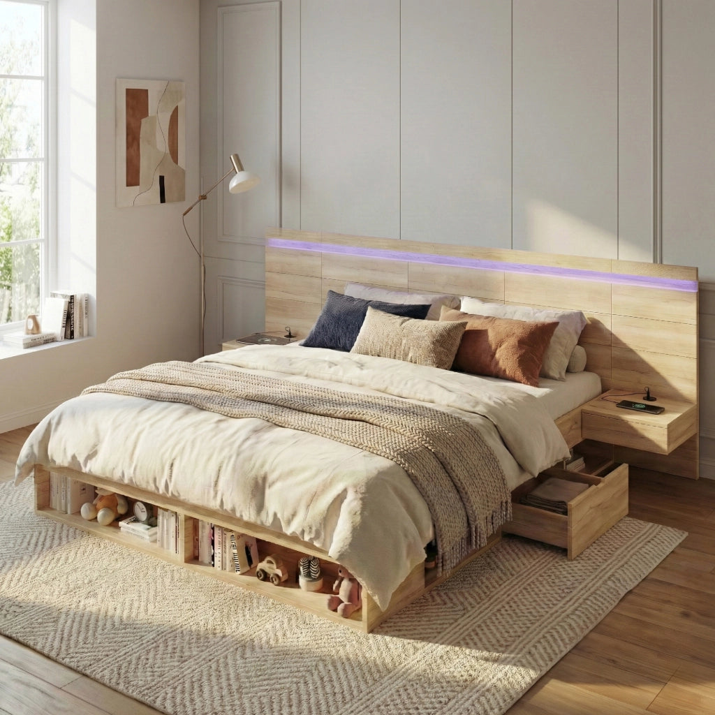 Letto Contenitore 180x200 cm; Letto Matrimoniale; USB; Type-C; LED e 2 Comodini