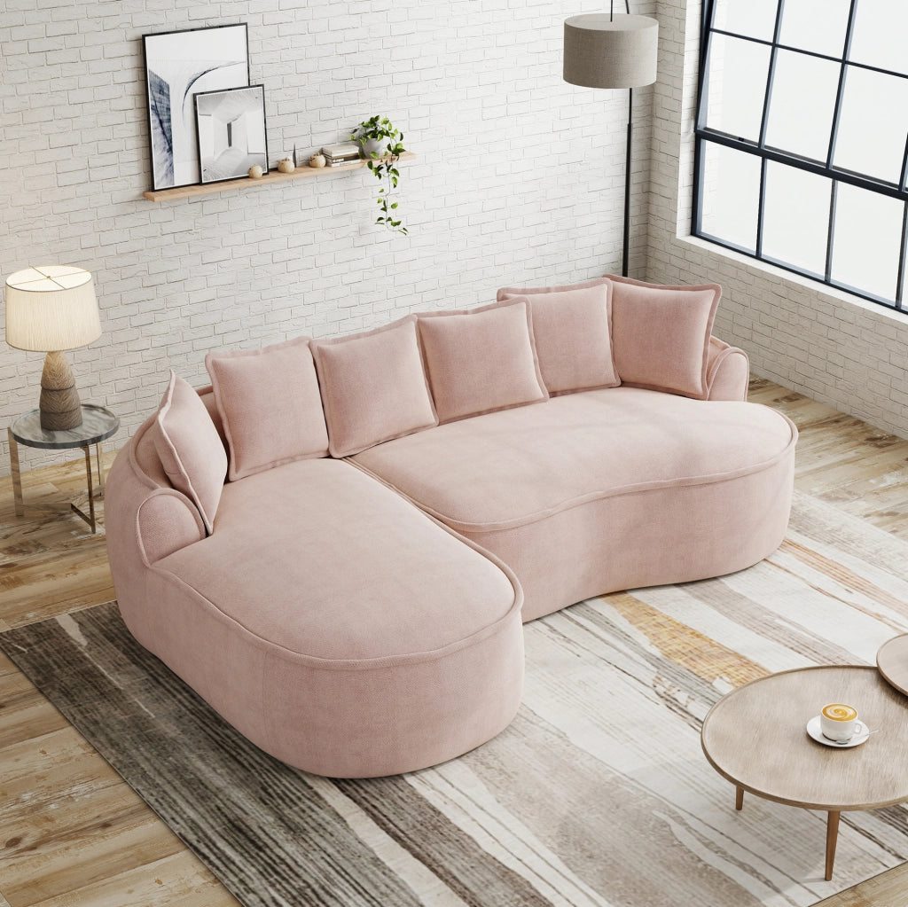 Divano modulare senza struttura in chenille rosa con chaise longue; 252x164x67 cm