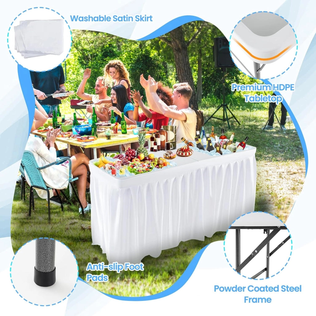 Tavolo refrigerante pieghevole per ghiaccio con doppio lavello profondo e foro di drenaggio, refrigerante per bevande con gonna da tavolo rimovibile, tavolo da giardino portatile per feste