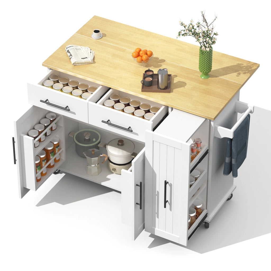 Isola da Cucina Mobile 120x40/65x90 cm Bianca e Legno con Organizer Estraibile, 2 Cassetti e 5 Ruote