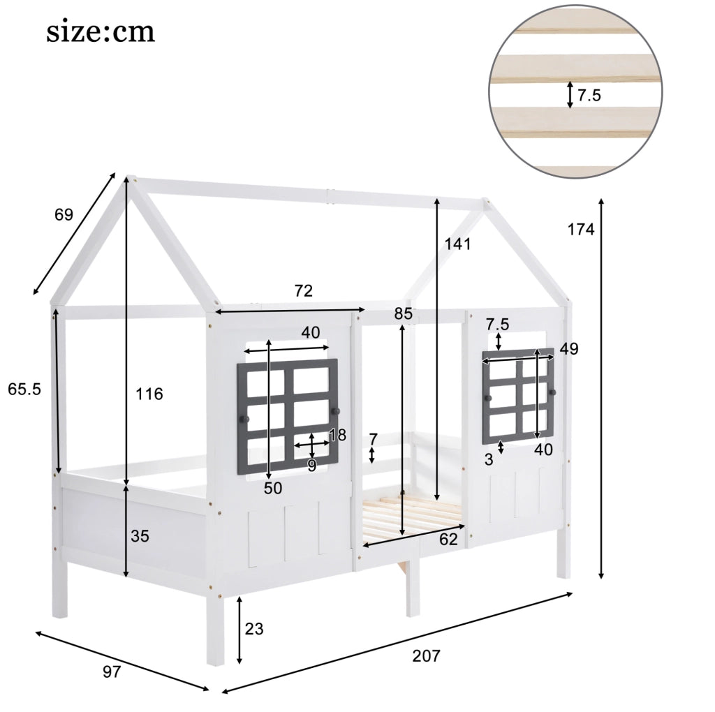 Letto a casetta con finestre e 2 cassetti 207x97x174 cm; struttura robusta in legno; bianco