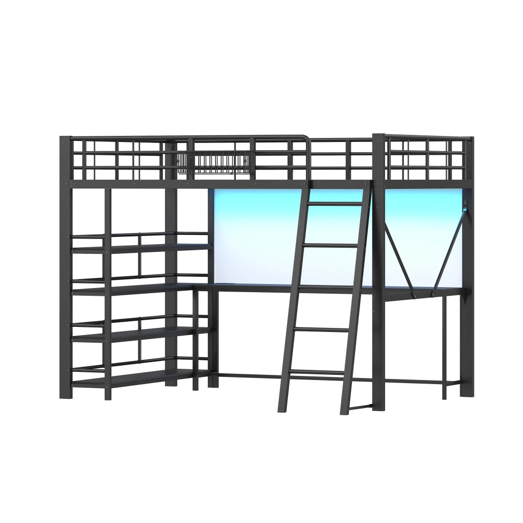 Letto a Soppalco 140x200 cm; Letto Matrimoniale - Scrivania; LED e Mensole - in Metallo e MDF - Nero