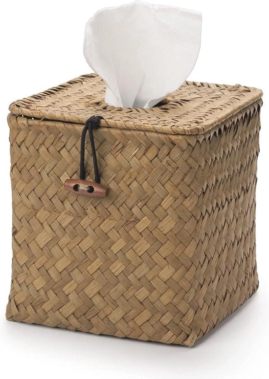 Scatola per fazzoletti in seagrass tessuto, quadrata, naturale, 14 x 14 x 14 cm