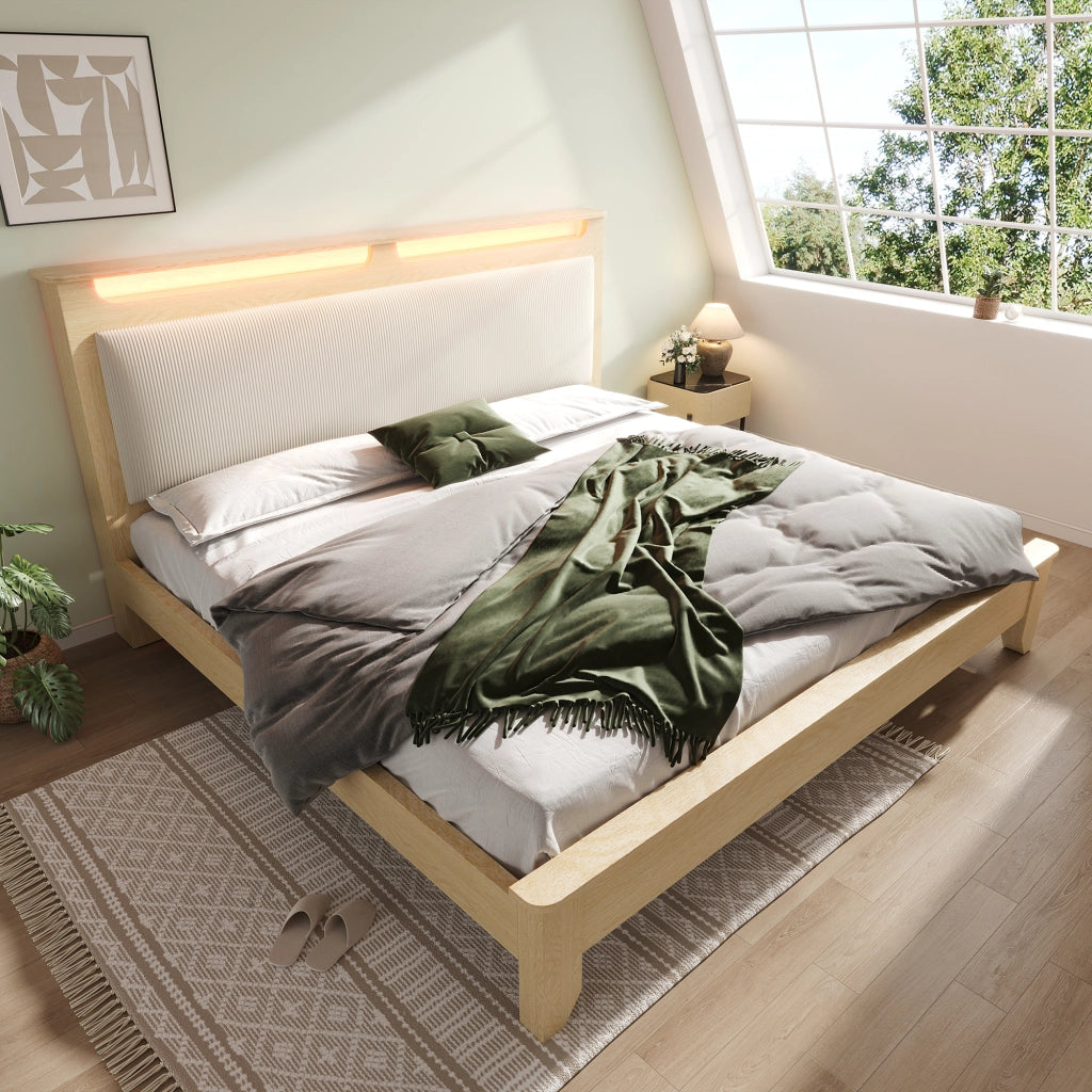 LETTO 160x200 cm con materasso, LED e testiera con ripiani Beige effetto rovere