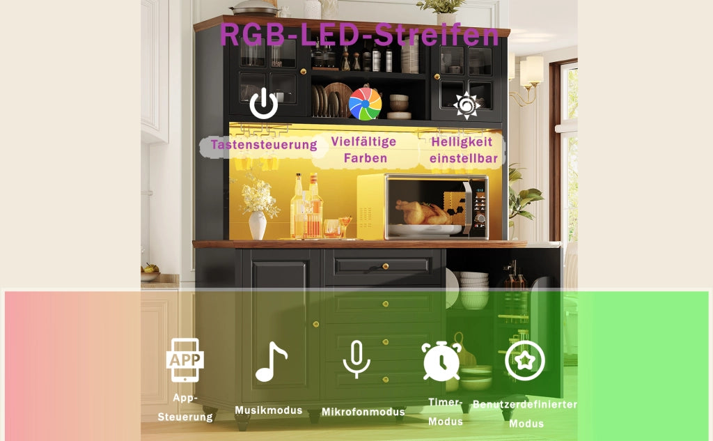 Credenza alta con LED RGB, 4 cassetti e ripiani regolabili per cucina e soggiorno, in MDF, nero, 140 × 40 × 179.5 cm
