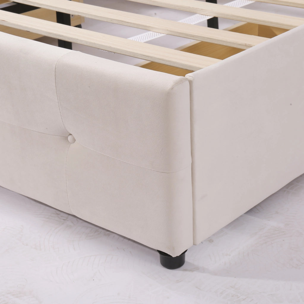 Letti contenitori 140x200 cm; contenitore salvaspazio; velluto; bianco crema (Senza materasso)