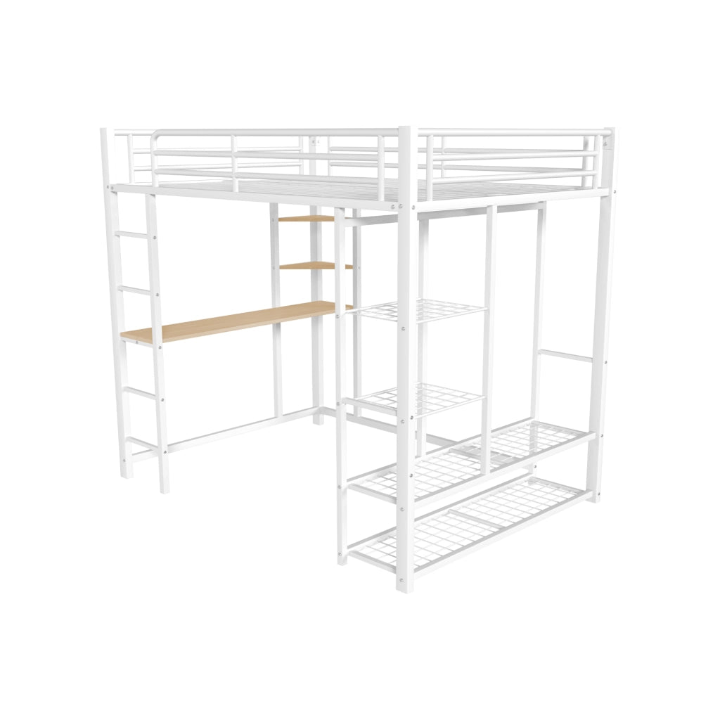 Letto a soppalco in metallo bianco 140x200 cm con scrivania, scaffali e vano guardaroba