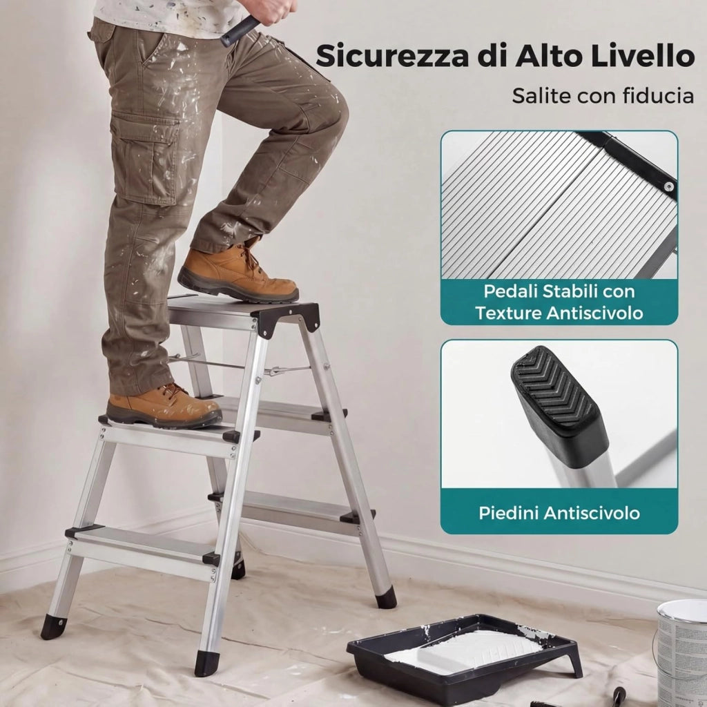 Scaletta Pieghevole in Alluminio, Scala a 3 Gradini Doppia con Pedane Larghe e Piedini Antiscivolo, Struttura Leggera, Portata 150 kg, per Casa, Ufficio e Garage