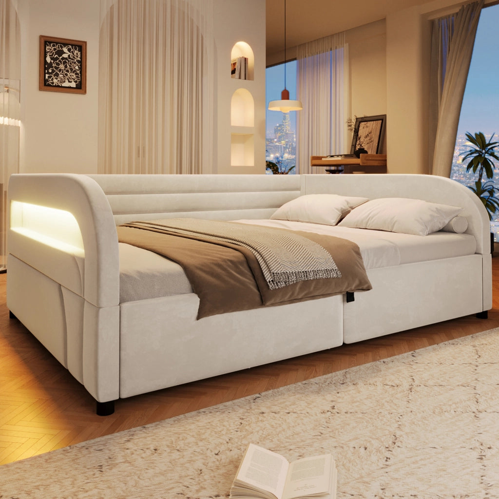 Letto Contenitore 140x200 cm con Rialzo Idraulico e Luce a LED; Beige