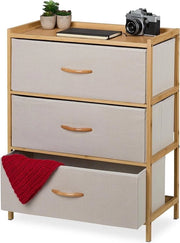 Comodino con 3 cassetti in tessuto - bambù - per soggiorno e camera da letto - misura HxBxD 73 x 575 x 30 cm - cassettiera - beige naturale
