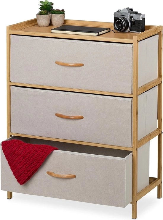 Comodino con 3 cassetti in tessuto - bambù - per soggiorno e camera da letto - misura HxBxD 73 x 575 x 30 cm - cassettiera - beige naturale