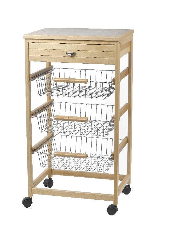 Carrello Portaverdure in Legno di Faggio Naturale 3 + 1 Cassetti con Mattonelle